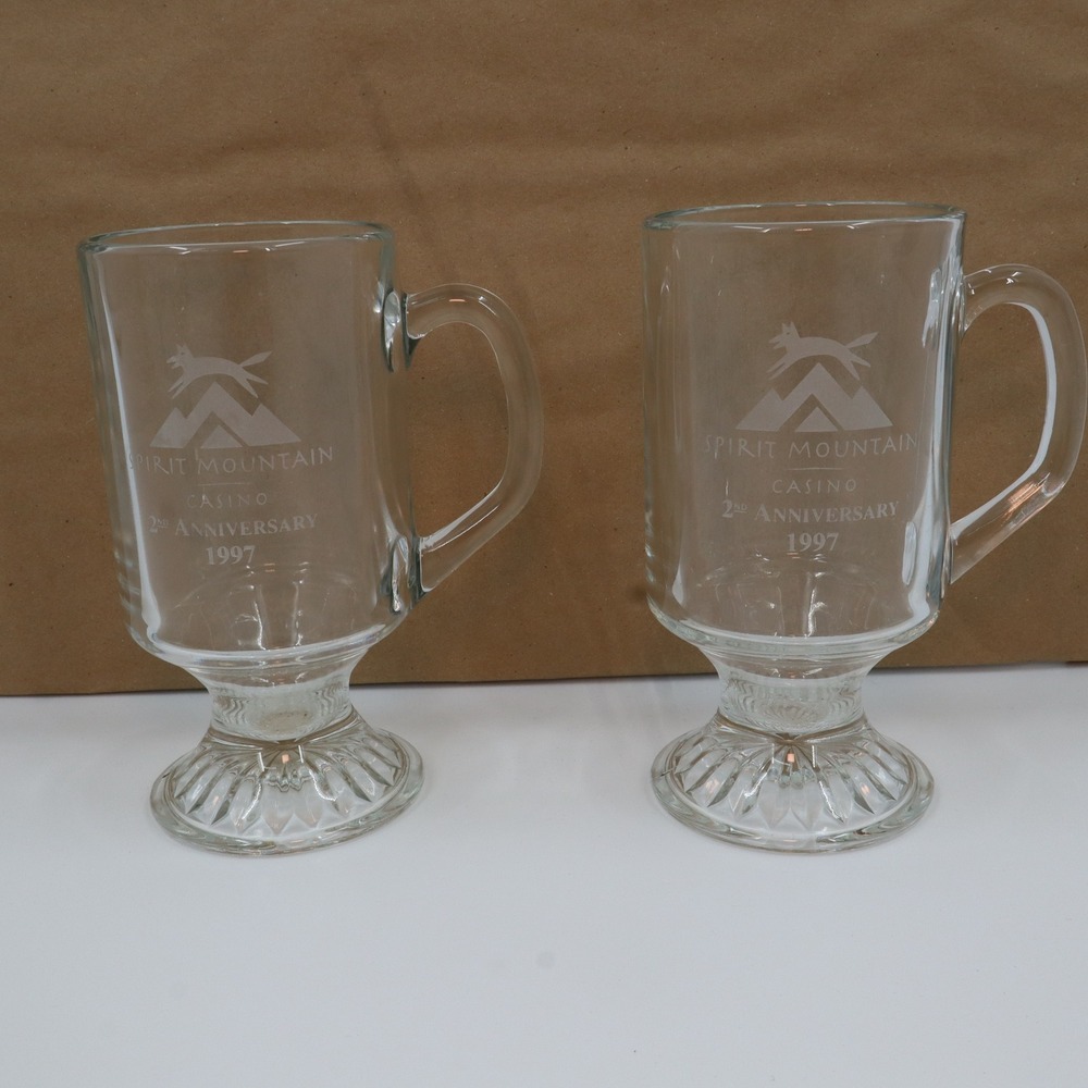 Spirit Mountain Casino Coffee Mugs 2 pc 1997 2nd Anniversary Clear Etched Glass